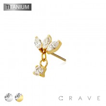 IMPLANT GRADE TITANIUM THREADLESS PUSH IN TRIPLE MARQUISE FAN ROUND BEZEL DANGLE CZ TOP PART